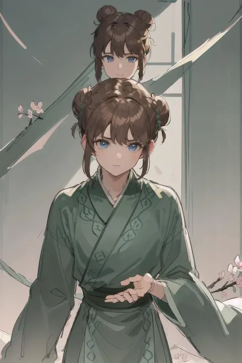 (Highest picture quality), (Master's work), (ultra-detailed), (Detailed eye description:1.2), masterpiece,best quality,extremely delicate and beautiful,beautiful detailed eyes and face, 1boy, cherry blossom,hanfu, looking_at_viewer, mole, pink_flower,(masterpiece:1.4),(best quality:1.4),full body, butterfly, solo, <lora:Hu-Jia:1>, dark blue eyes, brown hair, braids, asymmetrical bangs, (1bunch:1.3), (1bun on top of head:1.3)