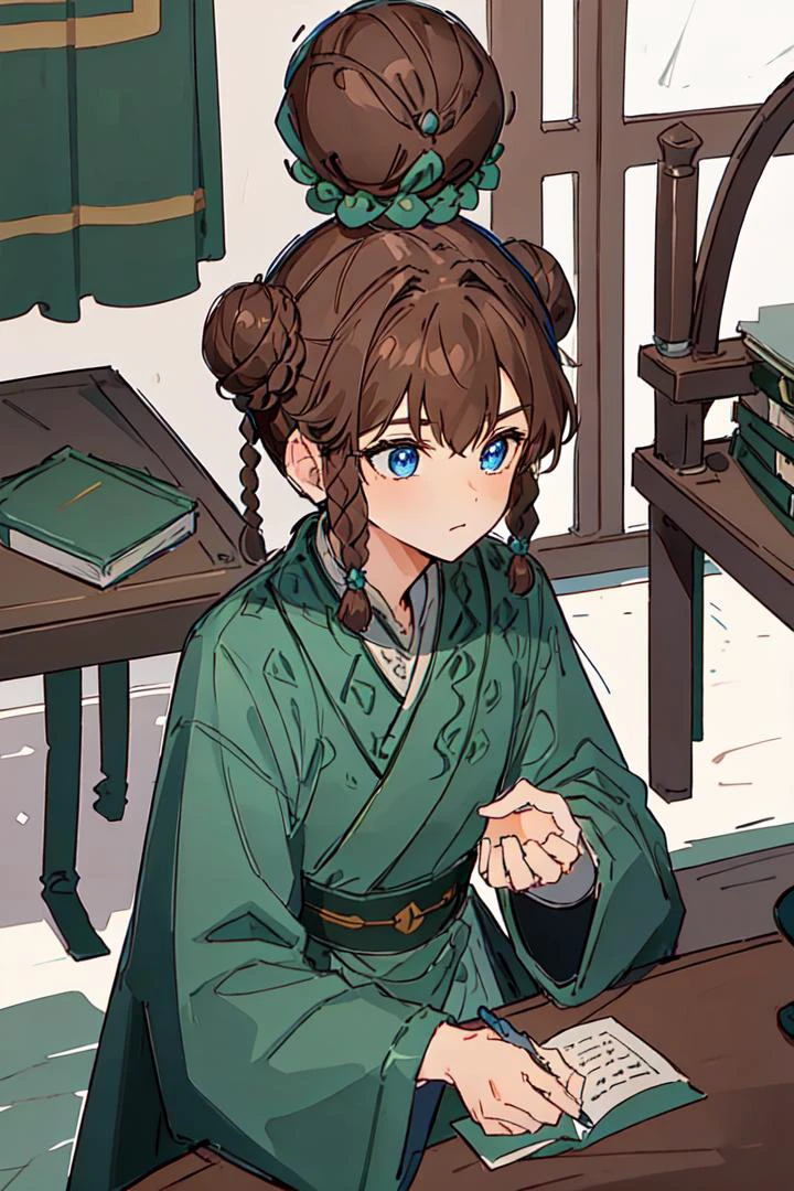 1boy, (Highest picture quality), (Master's work), (ultra-detailed), (Detailed eye description:1.2), (masterpiece, best quality, high quality, highres, ultra-detailed), solo, <lora:Hu-Jia:1>, dark blue eyes, brown hair, braids, asymmetrical bangs, (1bunch:1.3), (1bun on top of head:1.3), sits by the table, chinese room, books, very much books, scrolls, letter brushes