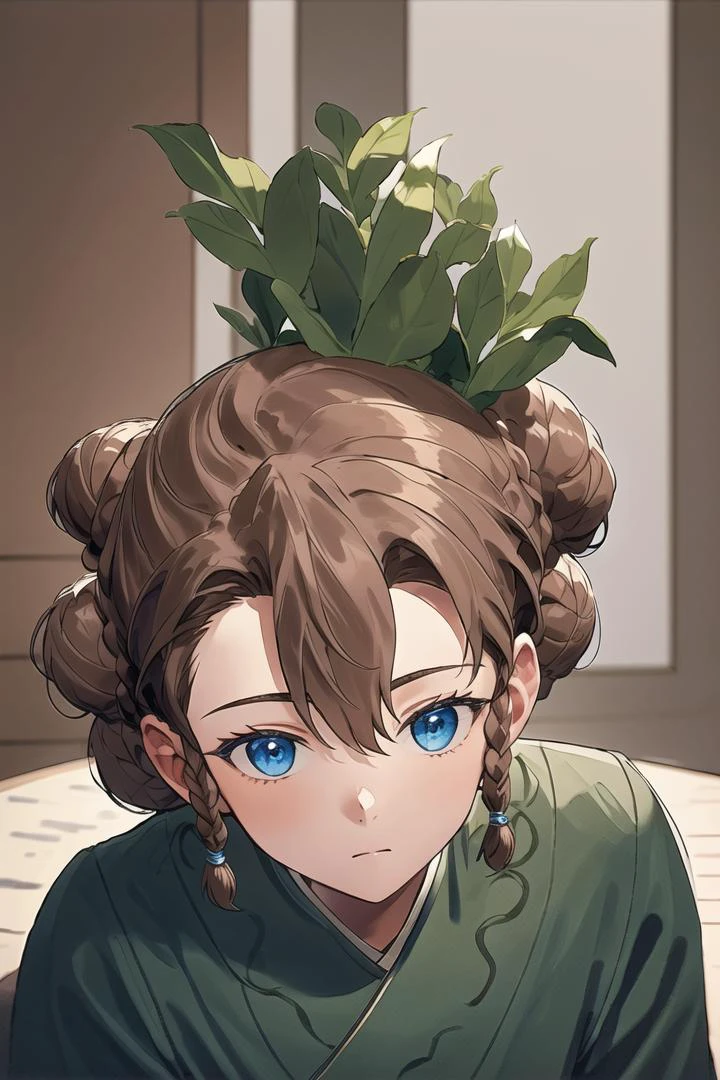 1boy, (Highest picture quality), (Master's work), (ultra-detailed), (Detailed eye description:1.2), (masterpiece, best quality, high quality, highres, ultra-detailed), solo, <lora:Hu-Jia:1>, dark blue eyes, brown hair, braids, asymmetrical bangs, (1bunch:1.3), (1bun on top of head:1.3), sits by the table, chinese room, books, very much books, scrolls, letter brushes