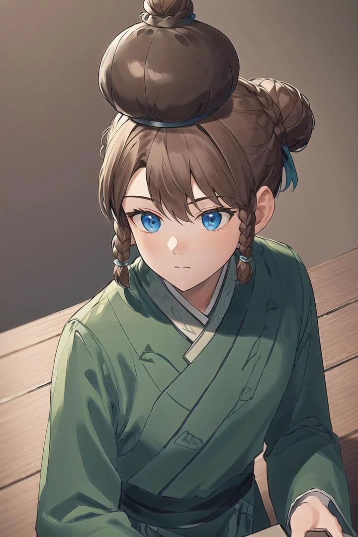 1boy, (Highest picture quality), (Master's work), (ultra-detailed), (Detailed eye description:1.2), (masterpiece, best quality, high quality, highres, ultra-detailed), solo, <lora:Hu-Jia:1>, dark blue eyes, brown hair, braids, asymmetrical bangs, (1bunch:1.3), (1bun on top of head:1.3), sits by the table, chinese room, books, very much books, scrolls, letter brushes