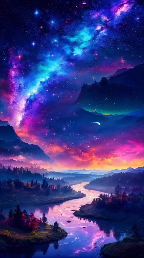 A long river crossed the sky,and many large stars fell and rotated here. The scene was indescribable and strange. In addition,the phenomenon of flying immortals was even more amazing.,<lora:PE_NeonSignStyle:0.6>,colorful,