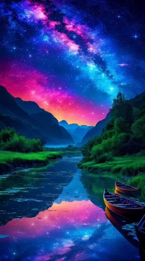 A long river crossed the sky,and many large stars fell and rotated here. The scene was indescribable and strange. In addition,the phenomenon of flying immortals was even more amazing.,<lora:PE_NeonSignStyle:0.6>,colorful,
