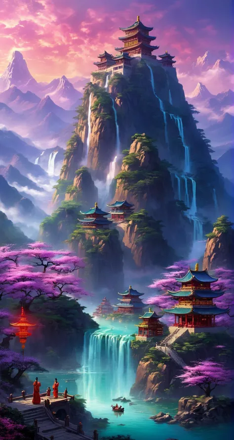 In front of them was a towering mountain,surging purple qi,and surging auspicious light. At a glance,one could tell that it was a rare pure land in the human world. That hill rises like thousands of authentic rules,
Inside the mountain gate,it was extremely holy. On top of the huge mountains,there were jade towers,divine waterfalls falling,immortal light rising,auspicious qi lingering,it was amazing. Those mountains are even more fragrant with holy medicine and colorful,
There was also a huge lake where ancient divine dragons were raised. They were regarded as ornamental fish insects,and they occasionally spat water and electric light,
<lora:PE_NeonSignStyle:0.5>,