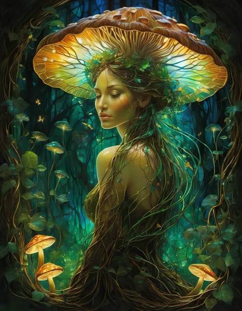 Stained glass style the degradation of human evolution, (by Henry asencio:1.2), (by Josephine Wall:1.2), ((stained glass)), evil (forest being:0.7), (dryad:0.2), corrupted, leaves, whirling roots and vines forming the rough shape of a (woman:0.5), (hair:0.2) made of vines, corrupted grey-green (skin:0.7) made of roots-vines-leaves, poison (orchids:0.4), horror, (root skull:0.4), (amber:0.3), flowing with (forest green:0.3) magic, magical mushrooms, swirling transparent dark green magic, fireflies, root skeleton, (groot:0.2), close-up, close-up, (masterpiece:1.2), (epic composition:1.4), (talent:1.2), ultra detailed, highly detailed, insanely detailed, (p, exquisite, sharp, elegant, ambient lighting,, high quality, <lora:add-detail-xl:1> , <lora:PE_NeonSignStyle:0.8> PENeonSign, neon sign, glowing, colorful . Vibrant, beautiful, translucent, intricate, detailed
