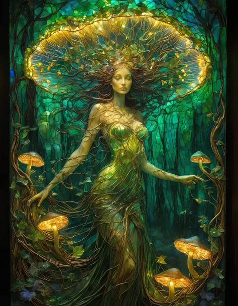 Stained glass style the degradation of human evolution, (by Henry asencio:1.2), (by Josephine Wall:1.2), ((stained glass)), evil (forest being:0.7), (dryad:0.2), corrupted, leaves, whirling roots and vines forming the rough shape of a (woman:0.5), (hair:0.2) made of vines, corrupted grey-green (skin:0.7) made of roots-vines-leaves, poison (orchids:0.4), horror, (root skull:0.4), (amber:0.3), flowing with (forest green:0.3) magic, magical mushrooms, swirling transparent dark green magic, fireflies, root skeleton, (groot:0.2), close-up, close-up, (masterpiece:1.2), (epic composition:1.4), (talent:1.2), ultra detailed, highly detailed, insanely detailed, (p, exquisite, sharp, elegant, ambient lighting,, high quality, <lora:add-detail-xl:1> , <lora:PE_NeonSignStyle:0.8> PENeonSign, neon sign, glowing, colorful . Vibrant, beautiful, translucent, intricate, detailed
