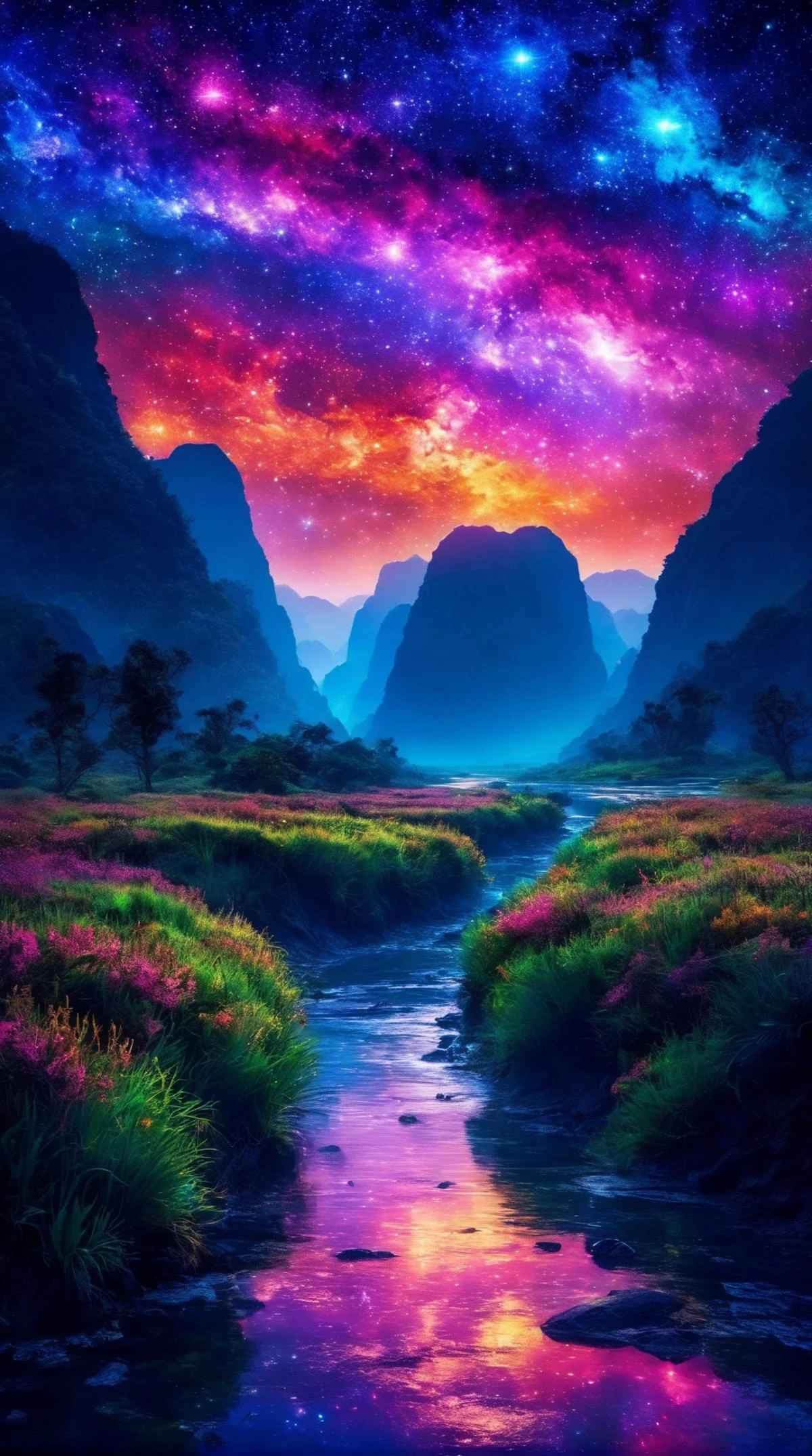A long river crossed the sky,and many large stars fell and rotated here. The scene was indescribable and strange. In addition,the phenomenon of flying immortals was even more amazing.,<lora:PE_NeonSignStyle:0.6>,colorful,