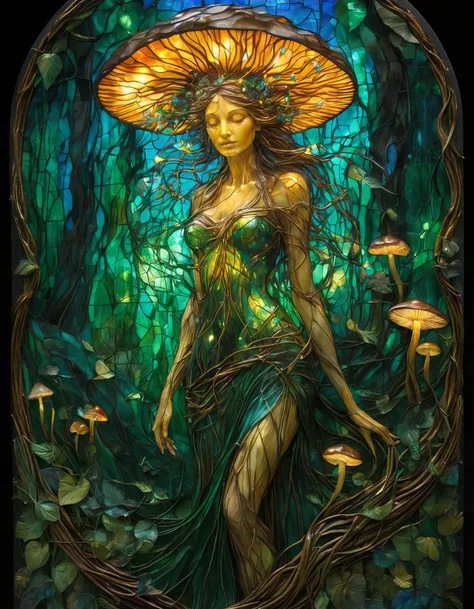 Stained glass style the degradation of human evolution, (by Henry asencio:1.2), (by Josephine Wall:1.2), ((stained glass)), evil (forest being:0.7), (dryad:0.2), corrupted, leaves, whirling roots and vines forming the rough shape of a (woman:0.5), (hair:0.2) made of vines, corrupted grey-green (skin:0.7) made of roots-vines-leaves, poison (orchids:0.4), horror, (root skull:0.4), (amber:0.3), flowing with (forest green:0.3) magic, magical mushrooms, swirling transparent dark green magic, fireflies, root skeleton, (groot:0.2), close-up, close-up, (masterpiece:1.2), (epic composition:1.4), (talent:1.2), ultra detailed, highly detailed, insanely detailed, (p, exquisite, sharp, elegant, ambient lighting,, high quality, <lora:add-detail-xl:1> , <lora:PE_NeonSignStyle:0.8> PENeonSign, neon sign, glowing, colorful . Vibrant, beautiful, translucent, intricate, detailed
