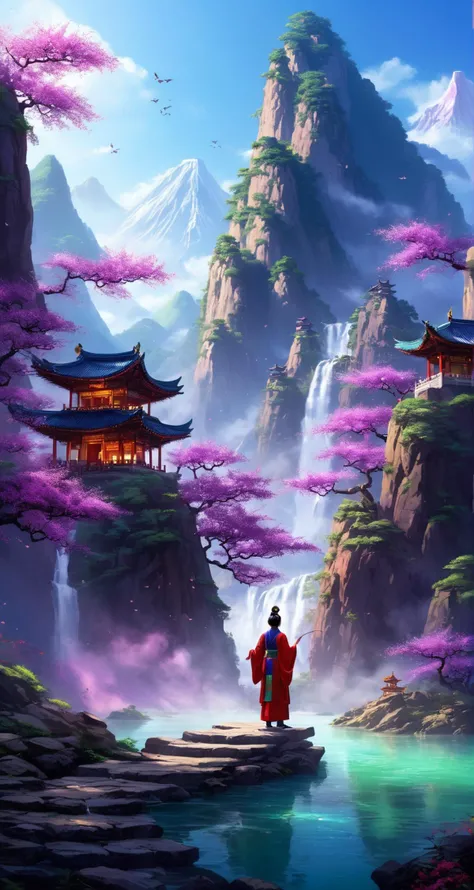 In front of them was a towering mountain,surging purple qi,and surging auspicious light. At a glance,one could tell that it was a rare pure land in the human world. That hill rises like thousands of authentic rules,
Inside the mountain gate,it was extremely holy. On top of the huge mountains,there were jade towers,divine waterfalls falling,immortal light rising,auspicious qi lingering,it was amazing. Those mountains are even more fragrant with holy medicine and colorful,
There was also a huge lake where ancient divine dragons were raised. They were regarded as ornamental fish insects,and they occasionally spat water and electric light,
<lora:PE_NeonSignStyle:0.5>,