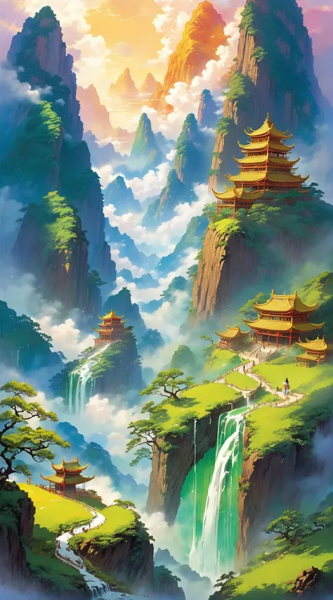 Mountain ups and downs,Qionglou Yuyu one after another,some suspended in the air,some located on the mountain peak,all steaming out of a piece of auspicious clouds. Along the way,the divine spring gurgled,white fog filled the air,and colorful clouds moved. There were even divine mountains that did not rise from the ground but hung in the void. Green and vibrant,immortal qi curled up from them,and golden waterfalls fell down.,<lora:PE_NeonSignStyle:0.8>,