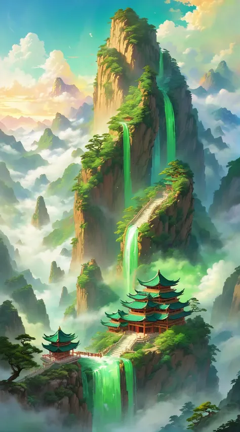 Mountain ups and downs,Qionglou Yuyu one after another,some suspended in the air,some located on the mountain peak,all steaming out of a piece of auspicious clouds. Along the way,the divine spring gurgled,white fog filled the air,and colorful clouds moved. There were even divine mountains that did not rise from the ground but hung in the void. Green and vibrant,immortal qi curled up from them,and golden waterfalls fell down.,<lora:PE_NeonSignStyle:1>,colorful,