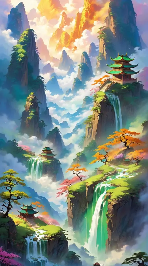 Mountain ups and downs,Qionglou Yuyu one after another,some suspended in the air,some located on the mountain peak,all steaming out of a piece of auspicious clouds. Along the way,the divine spring gurgled,white fog filled the air,and colorful clouds moved. There were even divine mountains that did not rise from the ground but hung in the void. Green and vibrant,immortal qi curled up from them,and golden waterfalls fell down.,<lora:PE_NeonSignStyle:1>,colorful,