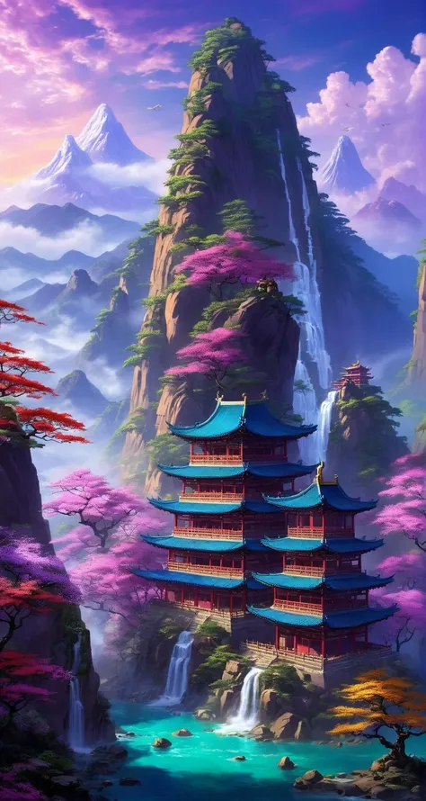 In front of them was a towering mountain,surging purple qi,and surging auspicious light. At a glance,one could tell that it was a rare pure land in the human world. That hill rises like thousands of authentic rules,
Inside the mountain gate,it was extremely holy. On top of the huge mountains,there were jade towers,divine waterfalls falling,immortal light rising,auspicious qi lingering,it was amazing. Those mountains are even more fragrant with holy medicine and colorful,
There was also a huge lake where ancient divine dragons were raised. They were regarded as ornamental fish insects,and they occasionally spat water and electric light,
<lora:PE_NeonSignStyle:0.5>,