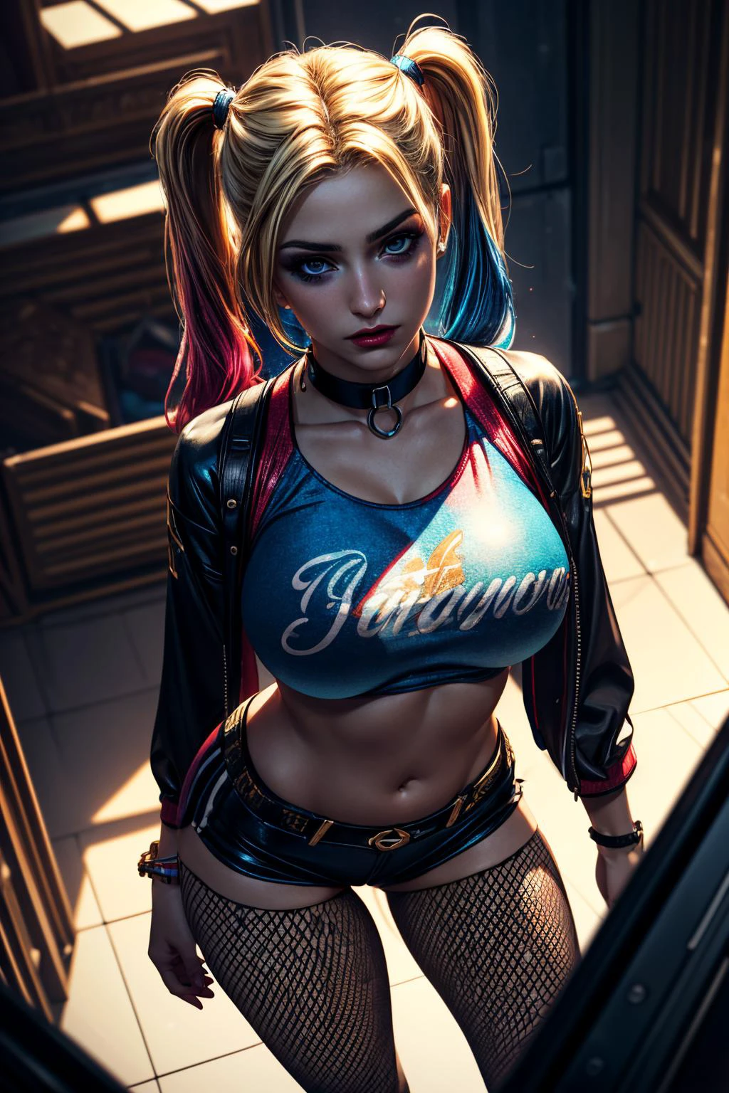 (ultra realistic,32k, masterpiece:1.2),(high detailed skin:1.1),( 8k uhd, dslr, high quality:1.1),
<lora:HarleyQuinnModernv2-000003:0.5>blonde hair, twintails, short shorts, pantyhose, crop top, makeup, midriff, navel, fishnets, multicolored clothes, multicolored hair, collar, , <lora:add_detail:0.96>, (huge breast:0.9),
(looking at viewer, standing, from above:1.1),,
,(moody lighting:1.1),ai ethics committee, addressing moral dilemmas, responsible ai development, ensuring human values