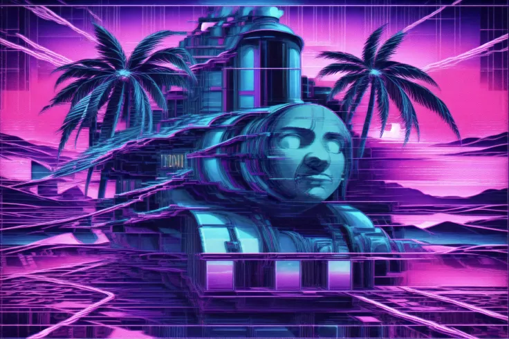 masterpiece, best quality, <lora:LCM_LoRA_Weights_SD15:1><lora:add_detail:1> vaporwave style, palm trees, sunset, glitch art effect <lora:vaporwave:0.8><lora:TDLX_Nosesize:2><lora:hair_length_slider_v1:4> thomas the tank, thomas the train <lora:thomasTheTrainILora_v1:0.7>