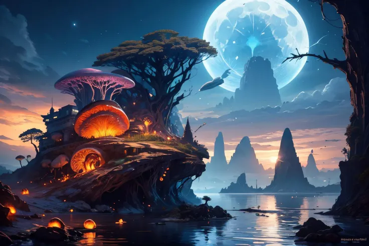 (Realistic:1.5) floating island, nature, from side, bare tree, full moon, dappled sunlight, colored sclera, giant, jellyfish, molten rock, light, city lights, eye focus, extra eyes, steampunk, fish, nature, bag, landscape, skyscraper, <lora:EdobSyFyHorrorFairyTale_v1.0:0.8>