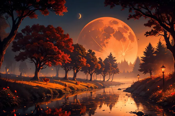 (Realistic:1.5) fog, red moon, edobsyfycitylandscape, teeth, bare tree, fireflies, reflection, antlers, orange sky, walking, saliva, bare tree, open mouth, bicycle, flower, red eyes, blood, edobsyfycitylandscape, light, signature, <lora:EdobSyFyHorrorFairyTale_v1.0:0.8>