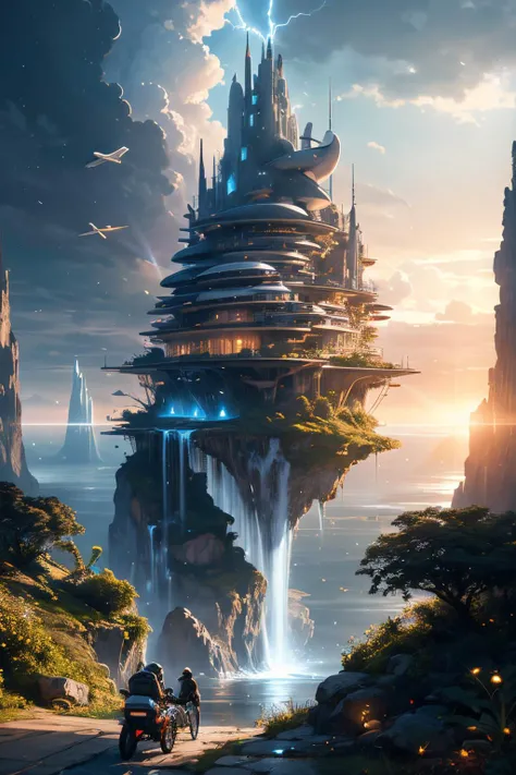 (Realistic:1.5) multiple others, lens flare, floating island, motor vehicle, architecture, spacecraft, rain, very wide shot, indoors, night sky, ambiguous gender, path, cloud, planet, day, backpack, from behind, lightning, waterfall, bird, <lora:EdobSyFyHorrorFairyTale_v1.0:0.8>
