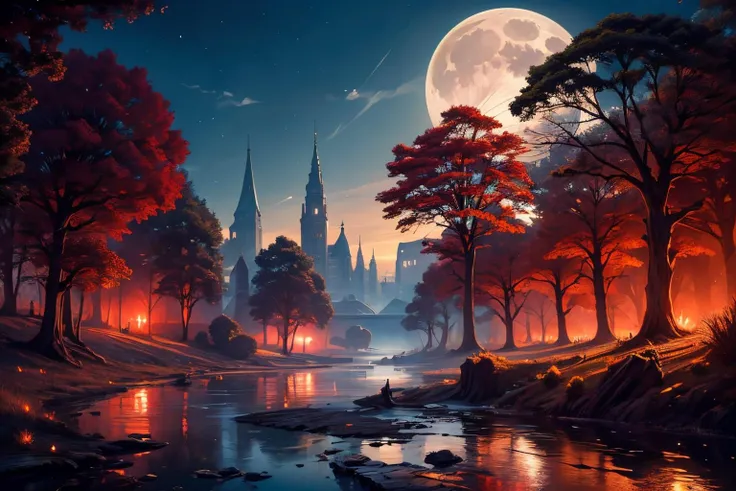 (Realistic:1.5) sky, tree stump, full moon, wings, lake, scenery, edobfairytalelandscape, alien, tower, glowing eyes, road, red eyes, city lights, no humans, looking at viewer, jellyfish, red eyes, jacket, field, car, <lora:EdobSyFyHorrorFairyTale_v1.0:0.8>