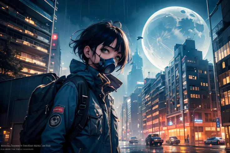 (Realistic:1.5) gas mask, watermark, one-eyed, crescent moon, building, architecture, 1girl, bare tree, 1boy, truck, blue flower, animal, upper body, nature, very wide shot, 1girl, neon lights, bird, landscape, rain, <lora:EdobSyFyHorrorFairyTale_v1.0:0.8>