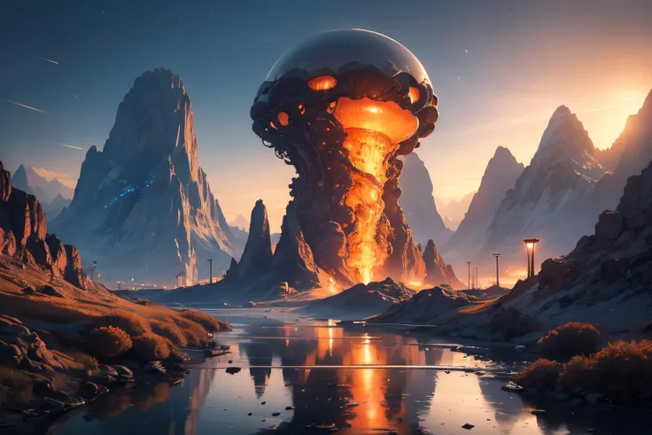 (Realistic:1.5) from behind, alien, road, road sign, lamppost, mountain, jellyfish, vehicle focus, molten rock, reflection, lights, alien, upper body, 6+others, 1boy, airplane, ship, dated, tower, mountainous horizon, <lora:EdobSyFyHorrorFairyTale_v1.0:0.8>
