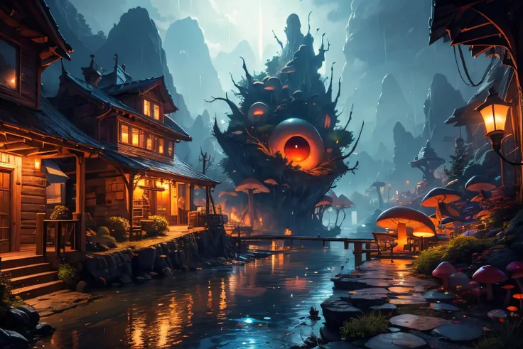 (Realistic:1.5) light, mountainous horizon, rain, rock, bat (animal), giant, eye focus, mushroom, from behind, teeth, alley, lights, watercraft, railing, extra eyes, monster, alien, floating island, lamppost, knife, <lora:EdobSyFyHorrorFairyTale_v1.0:0.8>