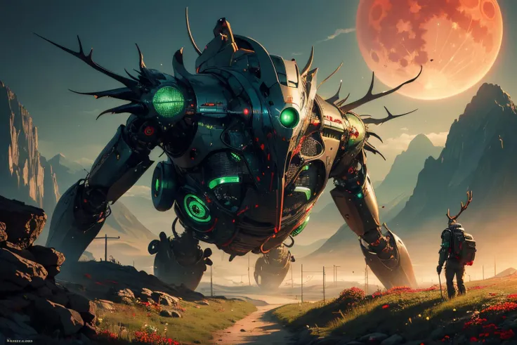 (Realistic:1.5) light, edobhorrorlandscape, robot, robot, antlers, green theme, vanishing point, tongue out, red moon, mountainous horizon, sky, flower, planet, one-eyed, crowd, cyberpunk, flying, green theme, street, eldritch abomination, <lora:EdobSyFyHorrorFairyTale_v1.0:0.8>