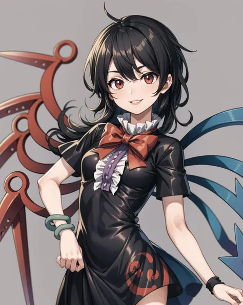 <lora:NueHoujyuu:1>,1girl,houjuu nue, black hair,short hair,red eyes,red bow,short sleeves,wristband,snake,,black dress,black thighhighs,asymmetrical wings,grey background, smile, <lora:add_detail:0.65>, masterpiece, best quality, perfect composition,