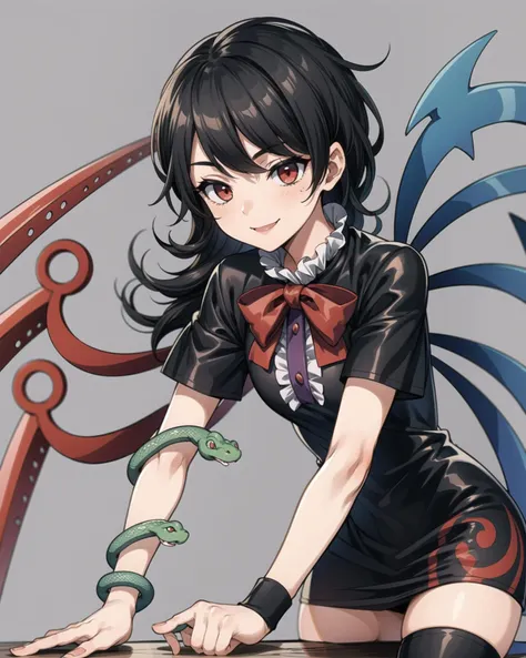 <lora:NueHoujyuu:1>, 1girl,houjuu nue, black hair,short hair,red eyes,red bow,short sleeves,wristband,snake,,black dress,black thighhighs,asymmetrical wings,grey background, smile,<lora:add_detail:0.65>, masterpiece, best quality, perfect composition,