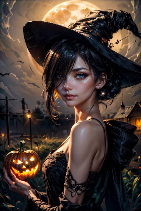 Create a mesmerizing masterpiece inspired by [bichu] and [Greg Rutkowski], reminiscent of the style of (Simon Bisley). This detailed and intricate oil on canvas, dry brush illustration showcases a young witch in a haunting Halloween setting.
In the heart of a moonlit night, a quaint witch's hut stands amidst a sprawling pumpkin field. The field is ripe with vibrant, orange pumpkins, their round forms glinting in the pale moonlight. A welcoming jack-o'-lantern sits at the doorstep of the hut, casting a warm, flickering glow, while a friendly scarecrow stands guard in the midst of the pumpkins.
The young witch herself is a captivating presence. She wears a dark, tattered robe with exposed shoulders and a tall, pointy hat, adding an air of mystique to the eerie night. Her delicate features are softly illuminated by the jack-o'-lantern's light, lending an enchanting quality to her appearance.
She stands tall with [delicate small breasts] and a [delicate slim petite figure], her face bearing a [sad:1.2] expression that hints at ancient secrets. [Flushed cheeks] and a defined jawline frame her [beautiful] [perfect] [highly detailed] features, while [full cheeks] display intricate [detailed contours] and [cute dimples]. Her face is adorned with [face highlighter] and [dark makeup], featuring [delicately proportioned features], including a [long defined chin], [high cheekbones], and a [nose with a slight upturn at the tip] set atop a [narrow nose bridge]. Her [downturned:1.4] [soft lips] exude a [sad] expression and are graced with [natural light pink lipstick]. Her [detailed upturned inquisitive eyes] boast a piercing [hypnotizing gaze], with irises of [light blue], framed by [thin small hard angled eyebrows]. They are further enhanced with [black winged eyeliner], long eyelashes, and [black eyeshadow]. Her pale, glossy skin boasts [visible skin pores], radiating with [moisture] and [health].
Completing her mesmerizing look, her straight, sleek, raven-black hair features subtle [blue highlights], cascading around her like the tendrils of a haunting melody.  <lora:more_details:0.5> <lora:add_detail:0.5>    <lora:bichu-v0612:0.5>  <lora:hairdetailer:0.5> <lora:detailed_eye:0.> <lora:HairOverOneEye_LOCO_s:2>