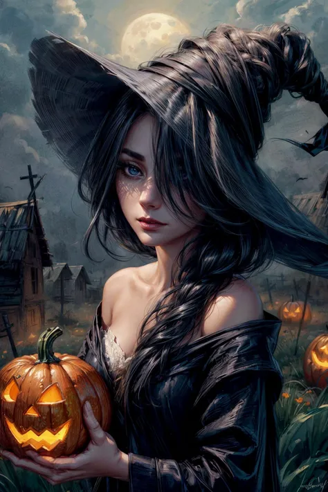 Create a mesmerizing masterpiece inspired by [bichu] and [Greg Rutkowski], reminiscent of the style of (Simon Bisley). This detailed and intricate oil on canvas, dry brush illustration showcases a young witch in a haunting Halloween setting.
In the heart of a moonlit night, a quaint witch's hut stands amidst a sprawling pumpkin field. The field is ripe with vibrant, orange pumpkins, their round forms glinting in the pale moonlight. A welcoming jack-o'-lantern sits at the doorstep of the hut, casting a warm, flickering glow, while a friendly scarecrow stands guard in the midst of the pumpkins.
The young witch herself is a captivating presence. She wears a dark, tattered robe with exposed shoulders and a tall, pointy hat, adding an air of mystique to the eerie night. Her delicate features are softly illuminated by the jack-o'-lantern's light, lending an enchanting quality to her appearance.
She stands tall with [delicate small breasts] and a [delicate slim petite figure], her face bearing a [sad:1.2] expression that hints at ancient secrets. [Flushed cheeks] and a defined jawline frame her [beautiful] [perfect] [highly detailed] features, while [full cheeks] display intricate [detailed contours] and [cute dimples]. Her face is adorned with [face highlighter] and [dark makeup], featuring [delicately proportioned features], including a [long defined chin], [high cheekbones], and a [nose with a slight upturn at the tip] set atop a [narrow nose bridge]. Her [downturned:1.4] [soft lips] exude a [sad] expression and are graced with [natural light pink lipstick]. Her [detailed upturned inquisitive eyes] boast a piercing [hypnotizing gaze], with irises of [light blue], framed by [thin small hard angled eyebrows]. They are further enhanced with [black winged eyeliner], long eyelashes, and [black eyeshadow]. Her pale, glossy skin boasts [visible skin pores], radiating with [moisture] and [health].
Completing her mesmerizing look, her straight, sleek, raven-black hair features subtle [blue highlights], cascading around her like the tendrils of a haunting melody.  <lora:more_details:0.5> <lora:add_detail:0.5>    <lora:bichu-v0612:0.5>  <lora:hairdetailer:0.5> <lora:detailed_eye:0.5> <lora:HairOverOneEye_LOCO_s:2>