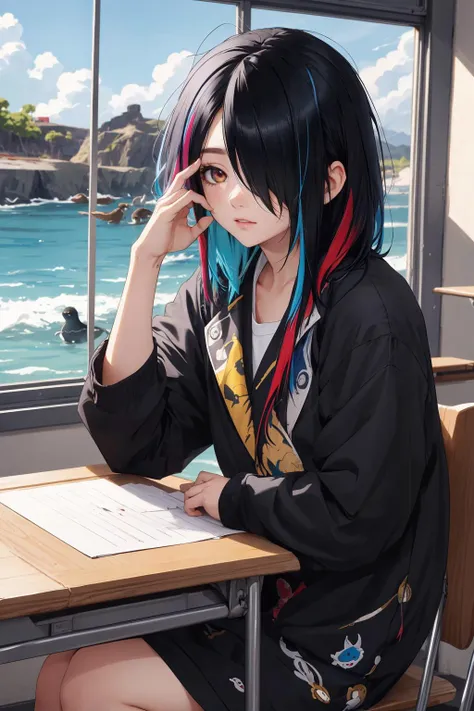 ultra detailed, sharp focus, best quality, masterpiece, colorful, <lora:HairOverOneEye_LOCO_s:1.8> 1girl, hair over one eye, teen, multicolored hair, black hair, blue hair, head down, sitting in a desk, classroom background, surrounded by otters, black hair, eyes closing, napping, best quality, masterpiece, intricate details