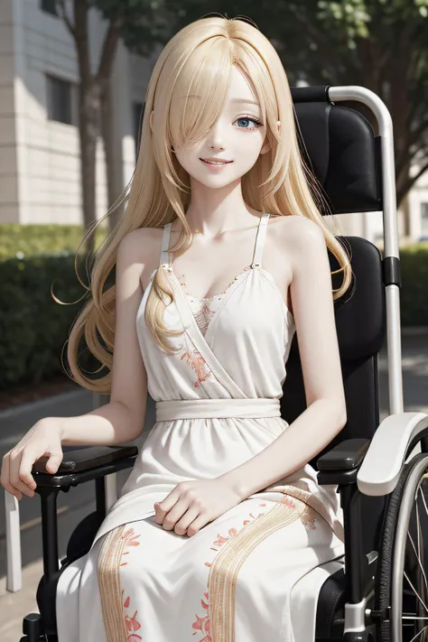 ultra detailed, sharp focus, best quality, masterpiece, bright day, vivid colors, upper body shot, 1 girl, extremely skinny, happy face, hospital gown, wheelchair, joy, park background, very long flowing blond hair, best quality, masterpiece, intricate details <lora:HairOverOneEye_LOCO_s:3>