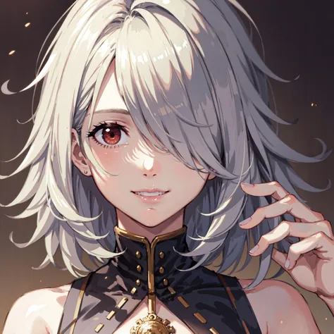 (masterpiece, best quality:1.3), (AS-Adult:1.1),  1girl, close face, smiling, tilted head, detailed face, extremely detailed, hair over one eye, detailed hair, hair strands, red eyes, <lora:HairOverOneEye_LOCO_s:2>, <lora:PotatoTweaker_V2_USE_NEGATIVE:-1.5> , solo, messy hair,