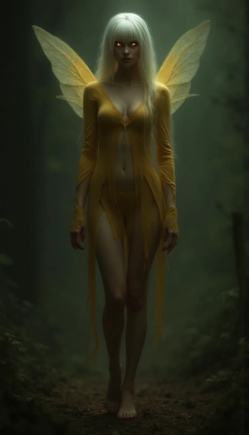 fairy, white yellow hair, black eyes, thighs, evil face, fairy wings, barefoots, red nails, dark fantasy, dark forest, shoulders, long sleeves, villain, glowing eyes, evil smile, naked, bravely default style,