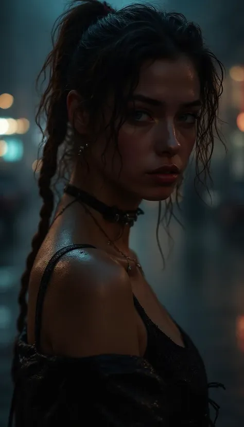 "Streetpunk Sexy" - Visualize a portrait of a young woman on a city street. rainy night,The shot,taken from a distance,captures her (wet body:1.6) and indifferent expression in the midst of the urban night. with body sweat and wetness hinting at the city's humid atmosphere. messy hair,pigtails,candid pose,head tilt,The photo,taken with a Canon EOS 5D Mark III,showcases her natural skin texture,including subtle acne (0.3),in hyperrealistic detail under soft,sharp lighting. The depth of field focuses on her,against a backdrop of soothing,muted colors and high contrast,creating a dark,yet gorgeous (1.2) and immersive night scene.