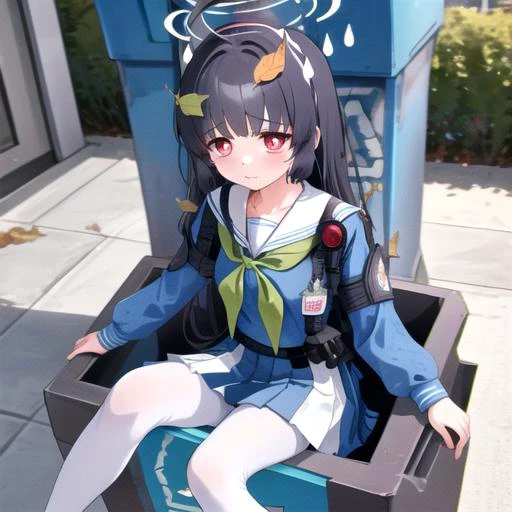 miyu \(blue archive\),1girl,halo,leaf on head,ahoge,black hair,long hair,red eyes,green neckerchief,blue school uniform,sailor collar,long sleeves,pleated skirt,white pantyhose,(trash can, in contain),<lora:KasumizawaMiyu:1>,