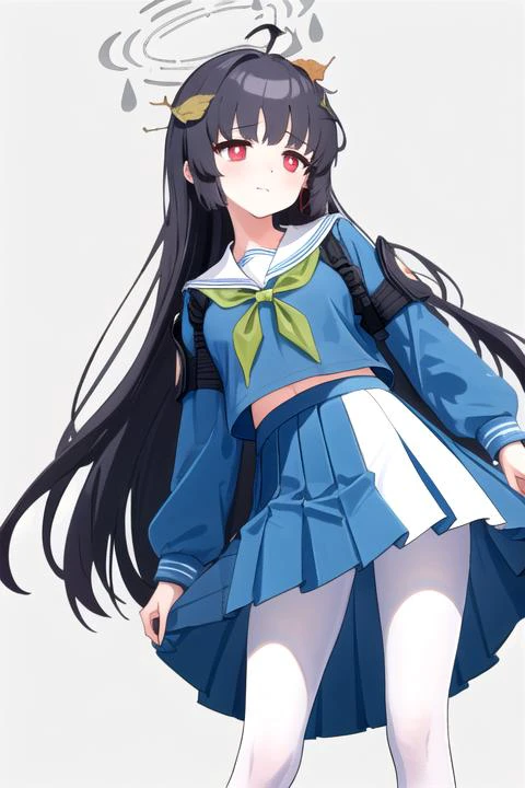 miyu \(blue archive\),1girl,halo,leaf on head,ahoge,black hair,long hair,red eyes,green neckerchief,blue school uniform,sailor collar,long sleeves,pleated skirt,white pantyhose,<lora:KasumizawaMiyu:0.8>,simple_background,(upskirt:1.2),standing,