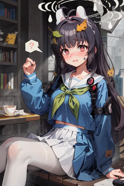 masterpiece,best quality,1girl,miyu \(blue archive\),halo,leaf on head,ahoge,animal ears,black hair,long hair,red eyes,green neckerchief,blue school uniform,sailor collar,long sleeves,pleated skirt,(white pantyhose),awkward,wavy mouth,blush,sitting,(spoken question mark),<lora:KasumizawaMiyu:1>,