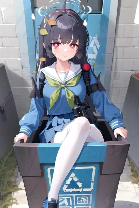 miyu \(blue archive\),1girl,halo,leaf on head,ahoge,black hair,long hair,red eyes,green neckerchief,blue school uniform,sailor collar,long sleeves,pleated skirt,white pantyhose,(trash can, in contain),<lora:KasumizawaMiyu:1.1>,