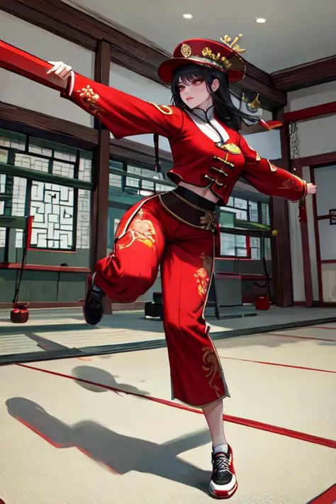 highly insanely detailed, masterpiece, top quality, best quality, highres, 4k, 8k, RAW photo, (very aesthetic, beautiful and aesthetic), (powerful Chinese martial artist) young woman, chinese, wearing a feng shui hat , deep red embroidered taiji tunic, cropped pants with martial arts designs, martial arts shoes,  yin yang amulet, wielding a taiji sword,  set in the ancient china era, in a modern training hall, featuring advanced equipment, open spaces, focused atmosphere, 
BREAKâââ