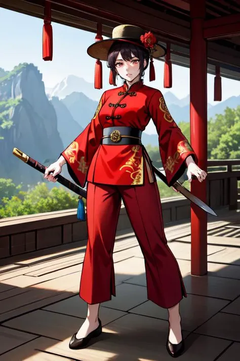 highly insanely detailed, masterpiece, top quality, best quality, highres, 4k, 8k, RAW photo, (very aesthetic, beautiful and aesthetic), (poised Chinese martial artist) young woman, chinese, wearing a feng shui hat , bronze embroidered taiji tunic, silk martial arts pants with intricate patterns, cotton shoes,  metal prayer beads, wielding a taiji sword,  set in the ancient china era, in a mountain temple, surrounded by nature, with stone pathways, serene gardens, spiritual energy, at dawn, 
BREAKâââ