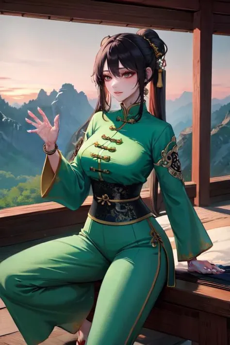 highly insanely detailed, masterpiece, top quality, best quality, highres, 4k, 8k, RAW photo, (very aesthetic, beautiful and aesthetic), (balanced Chinese martial artist) young woman, chinese, wearing a jade green embroidered taiji tunic, wide-leg trousers, martial arts slippers, feng shui bracelet, set in the ancient china era, in a sacred mountain, featuring rugged terrain, spiritual symbols, breathtaking views, tranquil energy, during sunset,
BREAKâââ