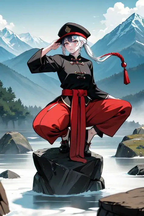 highly insanely detailed, masterpiece, top quality, best quality, highres, 4k, 8k, RAW photo, (very aesthetic, beautiful and aesthetic), (graceful Chinese martial artist) young woman, chinese, wearing a taiji hat , deep red long-sleeve taiji top, martial arts pants, flexible shoes with decorative details,  yin yang amulet,   set in the ancient china era, in a sacred mountain, featuring rugged terrain, spiritual symbols, breathtaking views, tranquil energy, at dawn, 
BREAKâââ