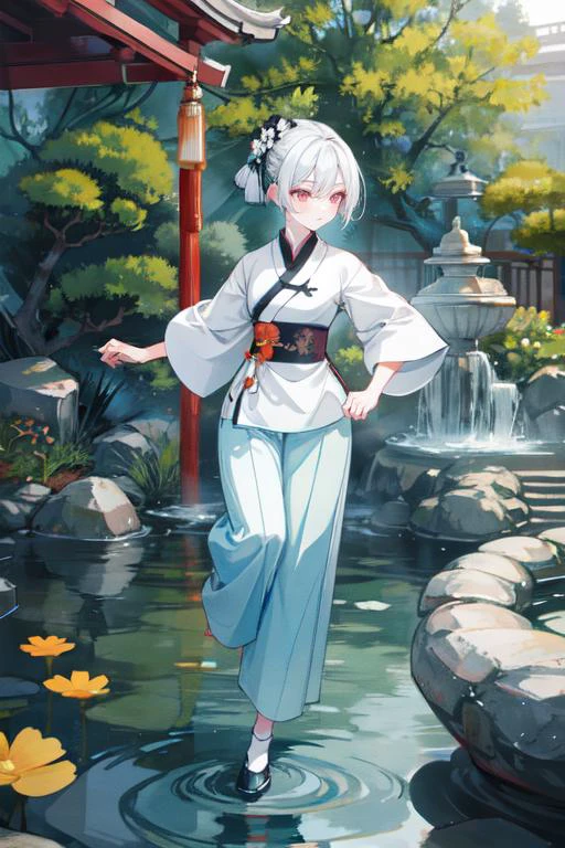 highly insanely detailed, masterpiece, top quality, best quality, highres, 4k, 8k, RAW photo, (very aesthetic, beautiful and aesthetic), (graceful Chinese martial artist) young woman, chinese, wearing a pastel blue short-sleeve taiji top, wide-leg trousers, cotton shoes, yin yang amulet, wielding a taiji fan, set in the ancient china era, in a peaceful courtyard, with koi ponds, rock gardens, quiet ambiance, spiritual energy, at dawn,
BREAKâââ