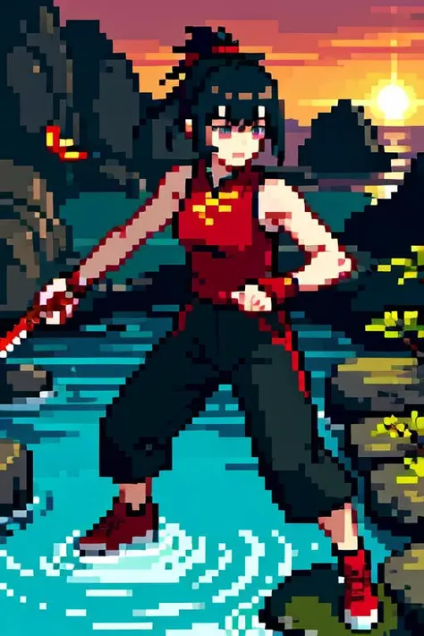 highly insanely detailed, masterpiece, top quality, best quality, highres, 4k, 8k, RAW photo, (very aesthetic, beautiful and aesthetic), (powerful Chinese martial artist) young woman, chinese, wearing a deep red sleeveless taiji top, silk martial arts pants with intricate patterns, martial arts shoes, bagua pendant, wielding a taiji sword, set in the ancient china era, in a peaceful courtyard, with koi ponds, rock gardens, quiet ambiance, spiritual energy, during sunset,
BREAKâââ