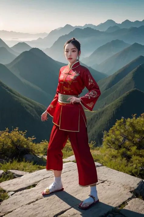 highly insanely detailed, masterpiece, top quality, best quality, highres, 4k, 8k, RAW photo, (very aesthetic, beautiful and aesthetic), (graceful Chinese martial artist) young woman, chinese, wearing a deep red martial arts jacket, silk martial arts pants with intricate patterns, martial arts slippers, wrist wraps, set in the ancient china era, in a sacred mountain, featuring rugged terrain, spiritual symbols, breathtaking views, tranquil energy, at dawn,
BREAKâââ