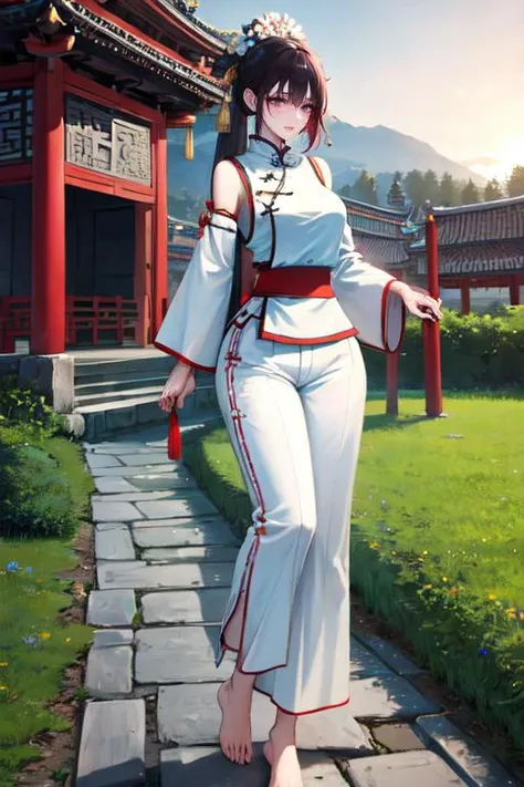 highly insanely detailed, masterpiece, top quality, best quality, highres, 4k, 8k, RAW photo, (very aesthetic, beautiful and aesthetic), (harmonious Chinese martial artist) young woman, chinese, wearing a white traditional martial arts vest with decorative elements, loose-fit trousers, barefoot, bagua pendant, set in the ancient china era, in a mountain temple, surrounded by nature, with stone pathways, serene gardens, spiritual energy, during sunset,
BREAKâââ