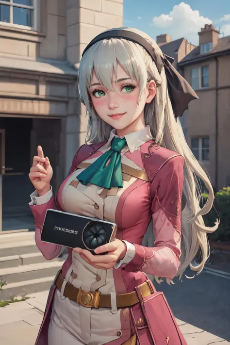 Highly detailed, High Quality, Masterpiece, beautiful, incrsgc, gc, <lora:GraphicsCardMeme:0.8>, holding incrsgc, smile, blush, elie macdowell, green eyes, hairband, blue ascot, hair ribbon, long sleeves, belt, <lora:Char_Meme_ElieMacDowell:0.9>