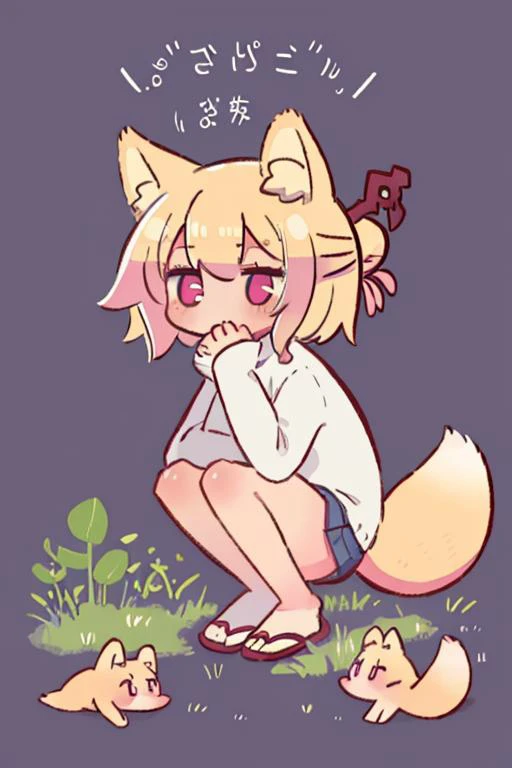 kemomimi, 1girl,fox ears, blonde hair, hair between eyes,single hair bun, <lora:kemomimi03-000005:1>full body,simple background,squatting,