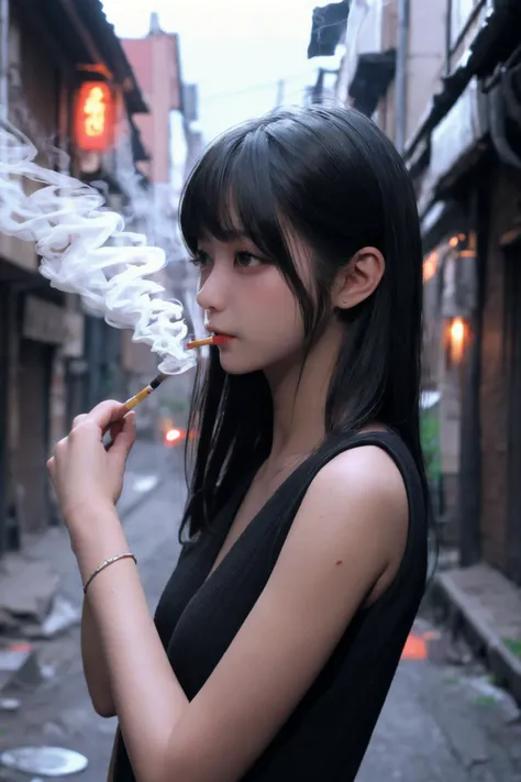 (super-fine,tmasterpiece,best qualityer,Photorealistic)White shirt with black tie braided redhead woman,While smoking a cigarette, gazing melancholy in front of the eyes。Unity 8k Wallpapers。